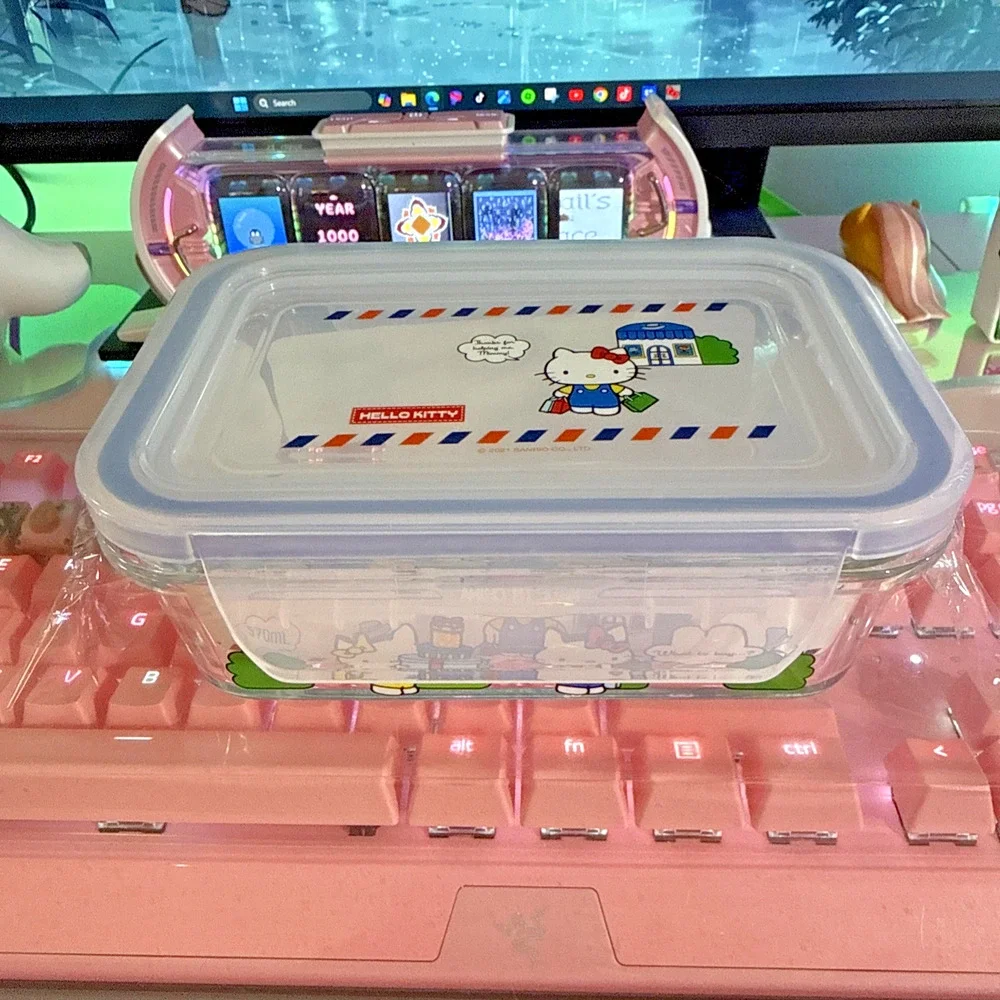 Hello Kitty Storage Container Glass Bento Box Food Lid 4 Flap Snap Sanrio 2023